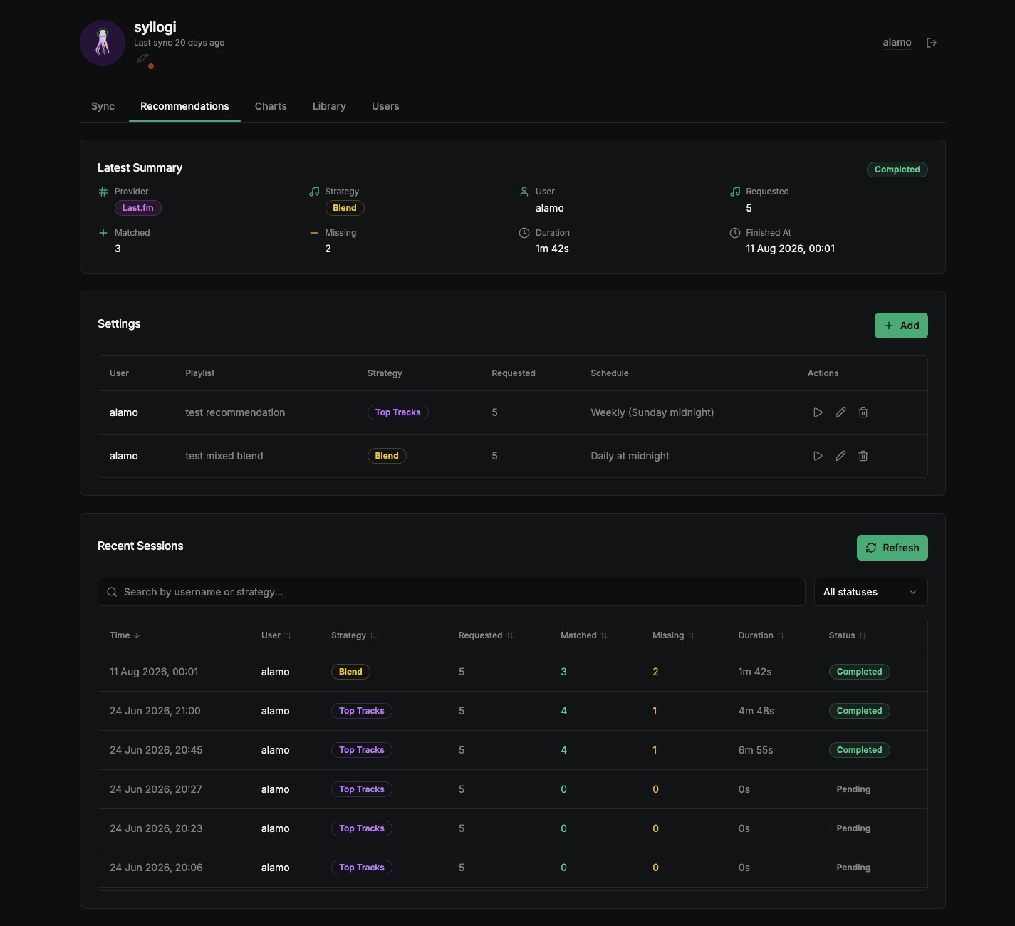 Recommendations dashboard on desktop
