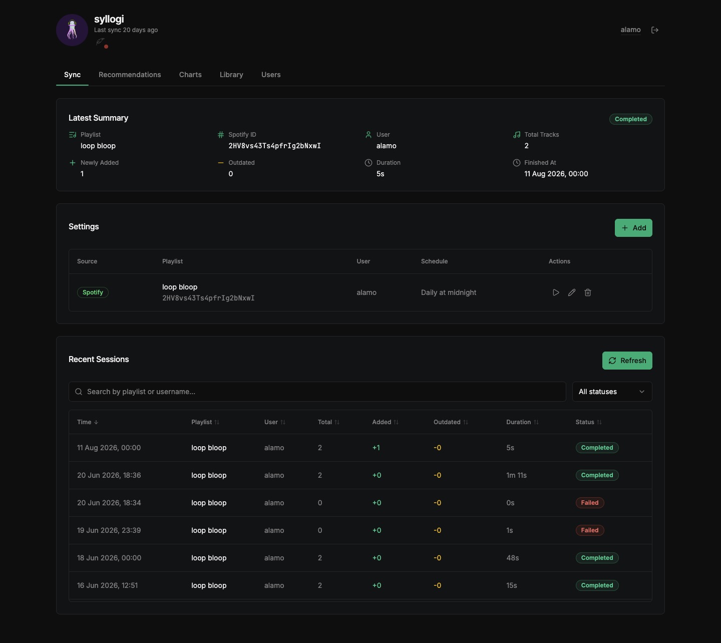 Playlist sync dashboard on desktop